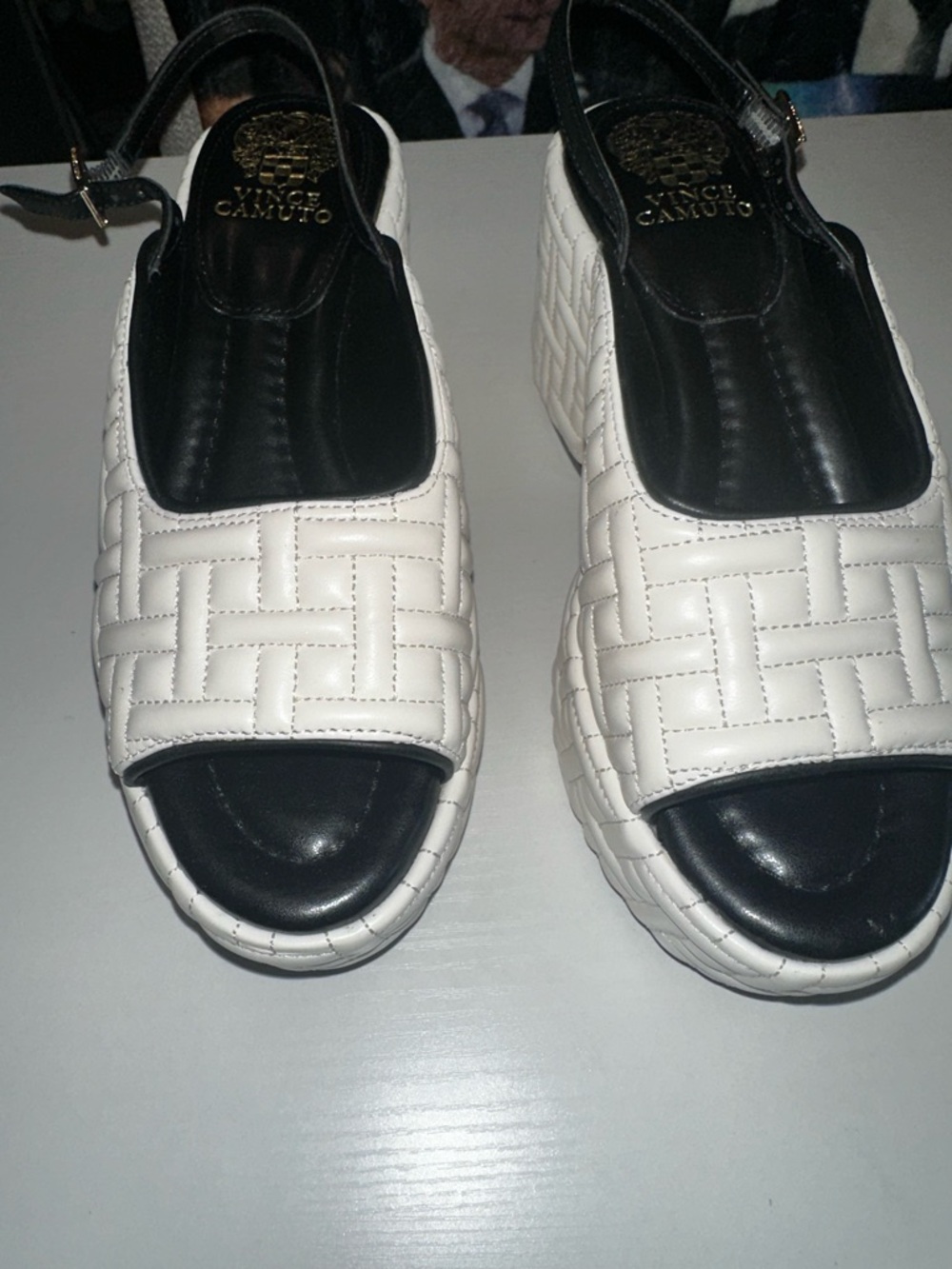 Vince Camuto White Quilted Platform Slingback Sandals with Black Footbed